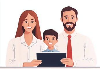 Happy Family Portrait with Tablet Featuring Parents and Child
