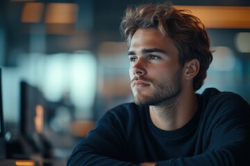 Obraz premium Young man contemplating in a modern office setting during late afternoon with soft lighting and focused expression