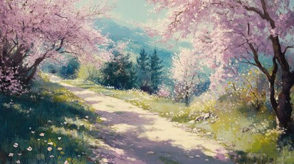 Fototapeta premium blossoming cherry trees along a serene pathway in a vibrant spring countryside landscape