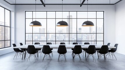 An empty professional conference room interior with modern furnishings, a large table, ergonomic chairs, and ample lighting, ready for productive meetings.