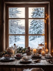 Festive Winter Table Setting by Snowy Window