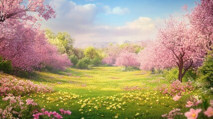 Serene spring landscape with blooming cherry trees and vibrant wildflowers under a clear blue sky showcasing nature's beauty and tranquility