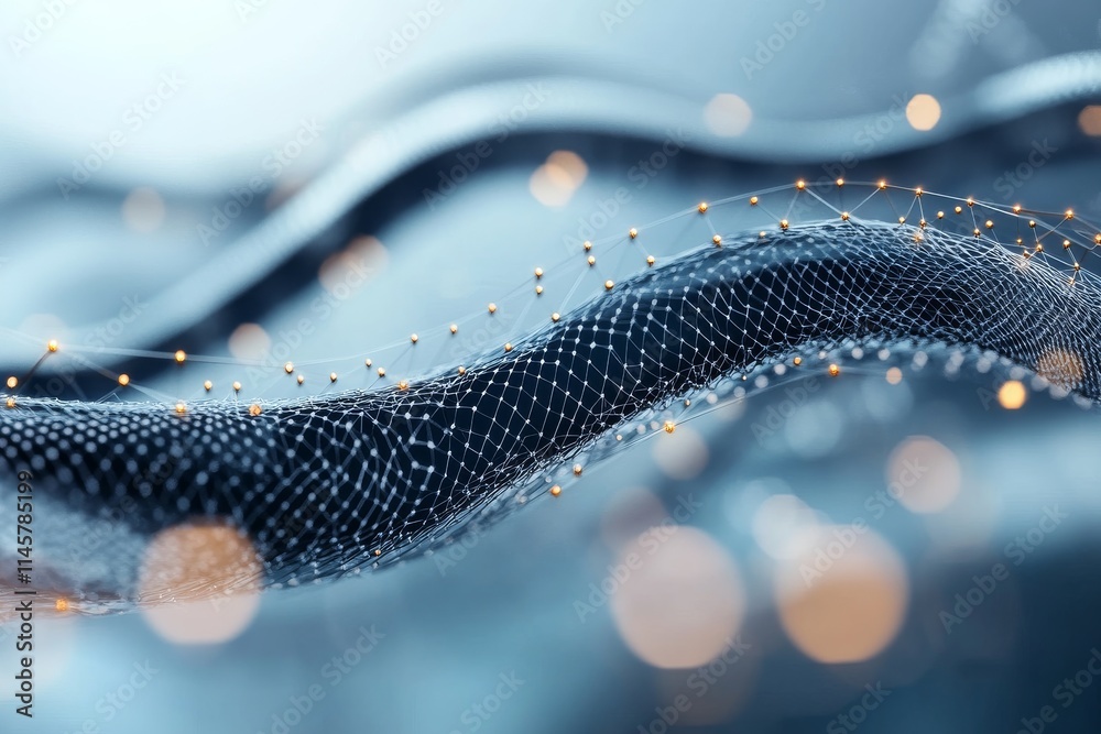 Poster waves of digital connection with illuminated nodes forming a mesh in an abstract environment