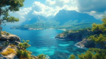 Fototapeta premium Breathtaking coastal landscape with rugged mountains overlooking crystal clear sea and a lush green shoreline under a vibrant sky