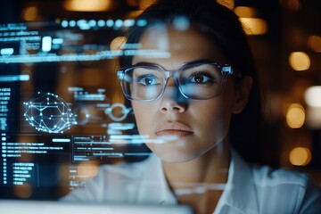 Focused data analyst working on complex visualizations in a modern office environment during the evening