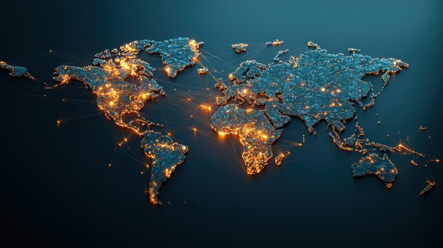 Fototapeta World map overlaid with intricate trade routes connecting continents, visually representing the flow of goods and services in the global economy.
