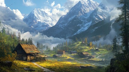 Serene Mountain Village Landscape with Majestic Peaks and Lush Greenery Under Dramatic Clouds