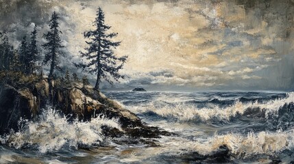 Dramatic coastal landscape with crashing waves and silhouetted pine trees against a moody sky capturing the essence of nature's power