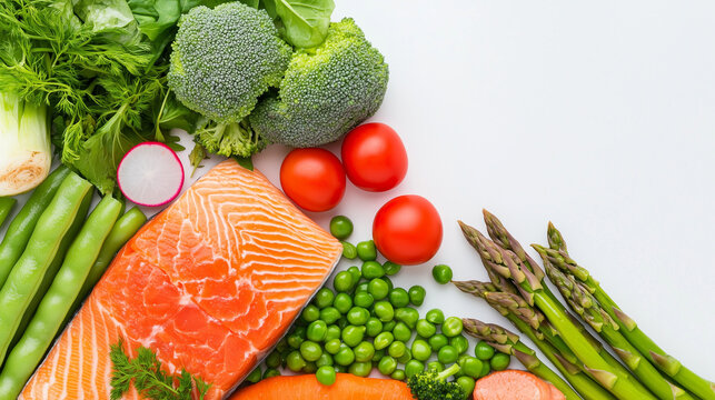 Roasted salmon steak with asparagos broccoli carrot tomatoes radish green beans and peas. Fish meal with fresh vegetable. Top view. Realistic photo