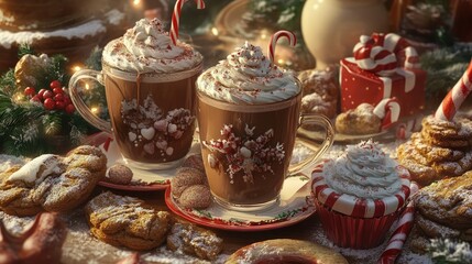 Naklejka premium Cozy Christmas Scene with Hot Chocolate Candy Canes and Festive Cookies on a Rustic Wooden Table