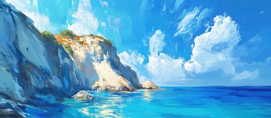 Fototapeta premium Rocky cliffs overlooking a crystal clear turquoise sea under a vibrant blue sky in a serene coastal landscape.