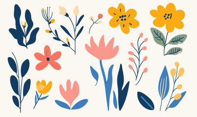 Hand-Drawn Floral Nature Elements Set with Colorful Blooms and Foliage for Creative Designs