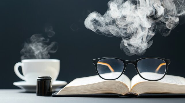 A pair of reading glasses resting on an open book, with a steaming cup of tea and a vintage inkwell nearby, evoking a sense of quiet contemplation and scholarly pursuit.