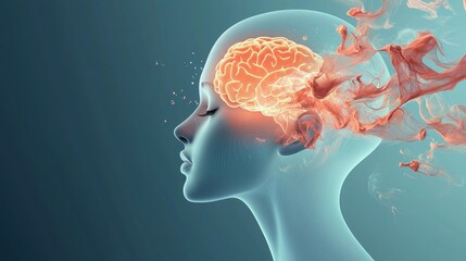 Obraz premium A transparent human head with a glowing brain inside, surrounded by swirling colors and abstract shapes, symbolizing consciousness, thoughts, and emotions.