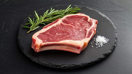 Fototapeta premium Dry Aged Barbecue Porterhouse Steak T-bone beef steak sliced with large fillet piece with herbs and salt. American meat restaurant. square image, top view. Maximum realistic photo