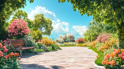 Obraz premium Vibrant summer park path with blooming flowers and lush greenery under a bright blue sky inviting relaxation and enjoyment of nature