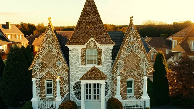 The video pans to showcase a victorian queen anne house with asymmetrical design and ornate trim located in a historic neighborhood