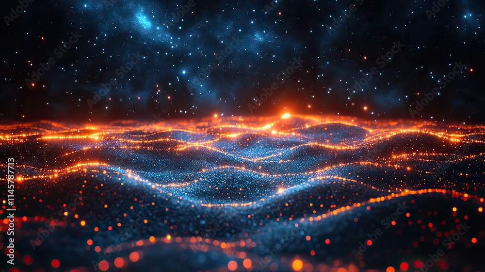 Poster planet with network connections represents future technology and cybersecurity.