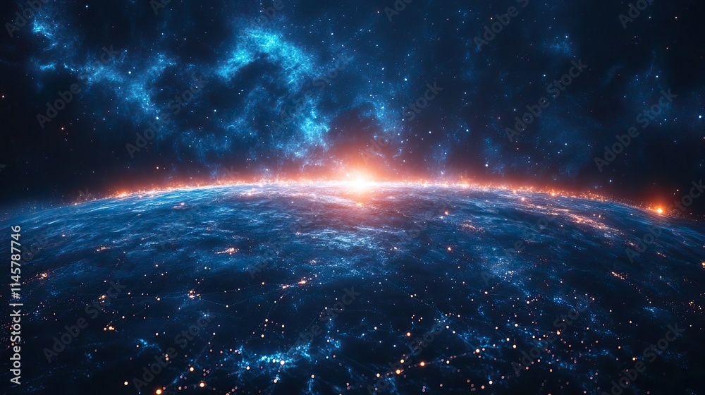 Poster planet with network connections represents future technology and cybersecurity.