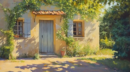 Charming French farmhouse entrance bathed in sunlight surrounded by lush greenery and rustic details