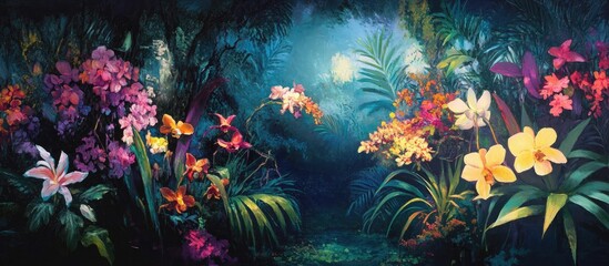 Vibrant orchid garden with lush tropical foliage in a mystical atmosphere showcasing a variety of blossoms and rich colors.