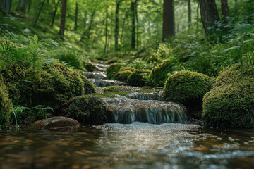 Naklejka premium A serene forest stream flows gently through lush greenery and moss-covered rocks.