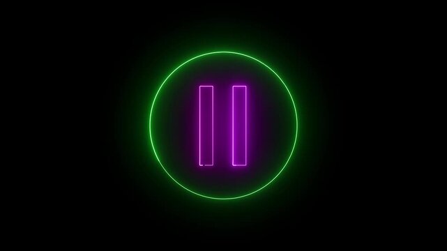 Neon glowing purple pause video icon, video play button icon animation on a black background.
