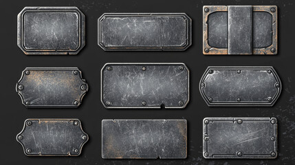 Black metal labels set isolated on background. Vector realistic illustration of blank square and rectangular stainless steel frames, grungy aluminum plaques with scratches and rivets, game ui elements