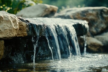 Serene View of Clear Water Gracefully Flowing Over a Rocky Ledge Ideal for Nature and Landscape Projects