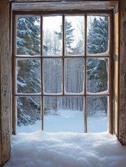 Winter wonderland viewed through a snow covered window