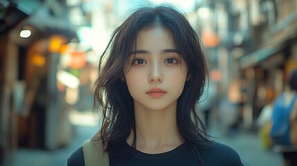 Portrait of an Asian girl in a crowded city street.