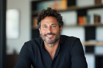 Obraz premium Male professional with curly hair smiles in a modern office environment during daytime