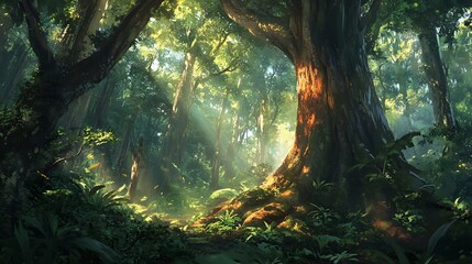 The forest bathed in warm sunlight as rays penetrate the thick greenery, highlighting the natural textures of tree trunks and foliage below