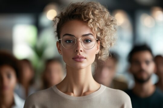 Engaged woman with curly hair and glasses in a busy workshop at a modern venue during daytime