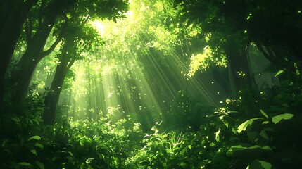 Fototapeta premium Sunbeams pouring through a dense canopy of leaves in a forest, with green foliage enveloping the scene and a peaceful atmosphere throughout 