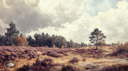 Obraz premium Serene rough landscape featuring vibrant heather and scattered trees under a dramatic sky with clouds