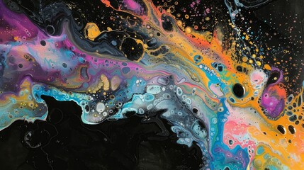 Acrylic paint explosion with vibrant colors. A mesmerizing blend of purple, pink, blue, orange, and yellow hues creates an abstract composition of bubbles and fluid forms on a black background