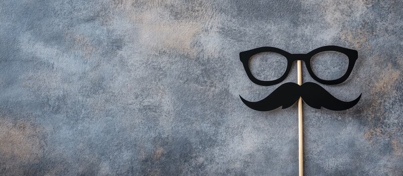Black paper glasses and moustache on a stick over gray grunge background for fun party decoration or photo booth concept
