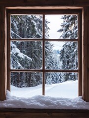 Naklejka premium Wooden window frame shows snowy winter forest scene