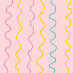 Naive squiggle pattern with bright green, yellow, pink and blue wavy lines on a light background. Creative abstract squiggle style drawing background