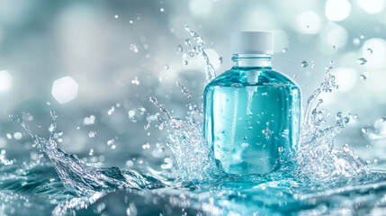 Mouthwash bottle in water splash. Vector realistic brand poster with cosmetic product for dental care, mouth rinse for tooth protection. Promo banner, advertising background