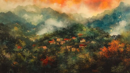 Fototapeta premium Serene Village Landscape in Majestic Mountains with Vibrant Sunset and Lush Greenery Capturing Natural Beauty and Tranquility