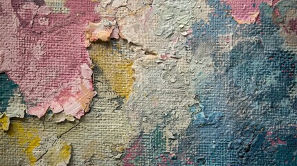 Close-up of a richly textured abstract painting showcasing a harmonious blend of pastel hues, including pink, blue, yellow, and beige.