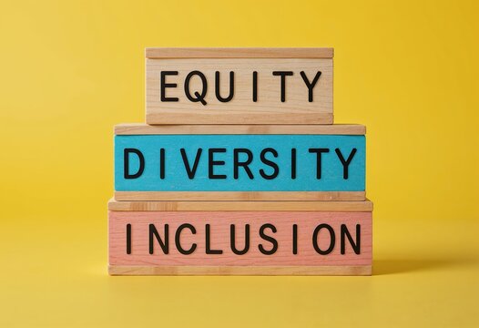 Blocks labeled Equity, Diversity, Inclusion on a colorful background symbolize values crucial for addressing climate change.