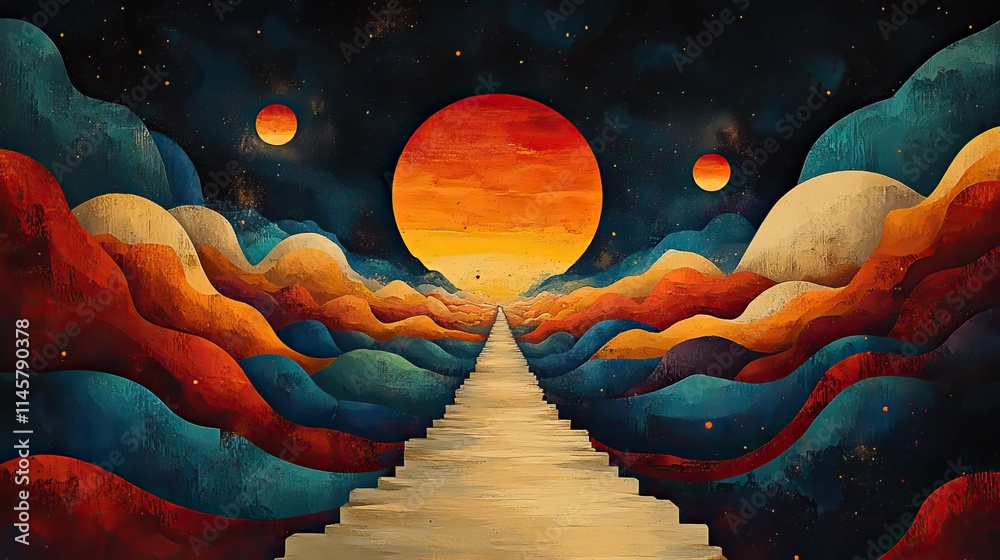 Wall mural retro artwork with line and color trippy pattern.