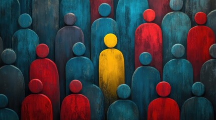 Individuality and uniqueness in a crowd abstract concept with one yellow figure among red and blue silhouettes
