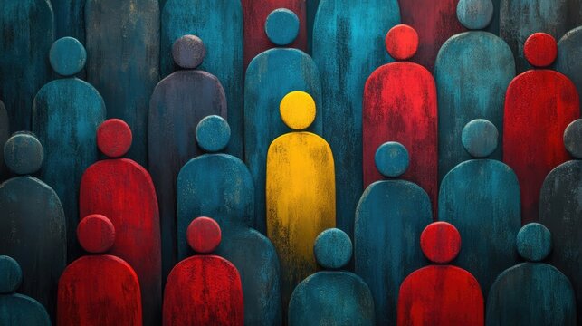 Individuality and uniqueness in a crowd abstract concept with one yellow figure among red and blue silhouettes