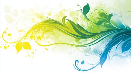 A vibrant design featuring flowing lines and leaves in green and blue hues.