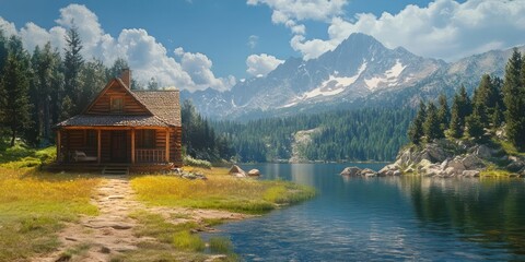 Fototapeta premium A serene cabin by a lake, surrounded by mountains and lush greenery under a blue sky.