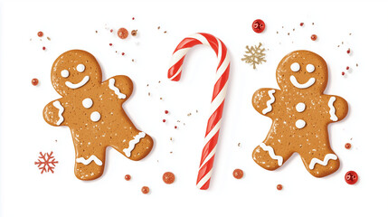 Create a festive Christmas design element featuring a classic red-and-white striped candy cane and cheerful gingerbread men. The design includes a transparent background with a sub